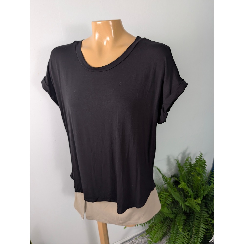 Rebel Society Short Roll Cuffed Sleeve Top Womens Large Black High Low Hem